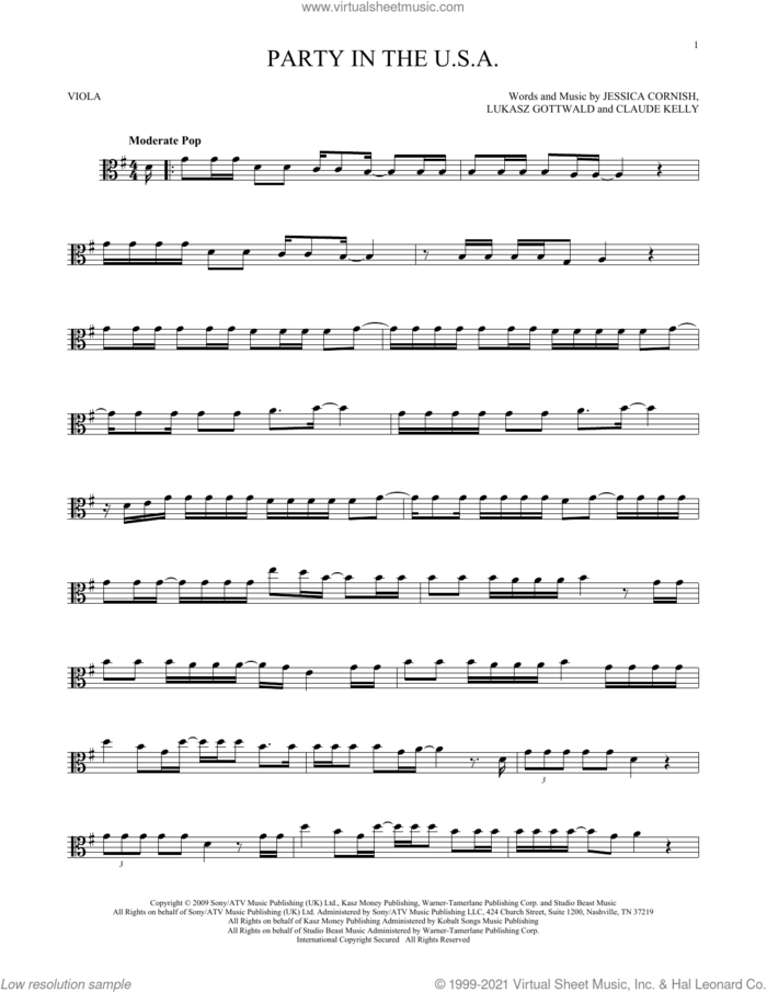 Party In The U.S.A. sheet music for viola solo by Miley Cyrus, Claude Kelly, Jessica Cornish and Lukasz Gottwald, intermediate skill level