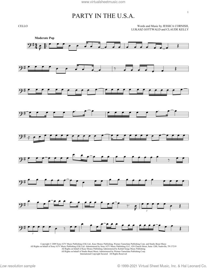 Party In The U.S.A. sheet music for cello solo by Miley Cyrus, Claude Kelly, Jessica Cornish and Lukasz Gottwald, intermediate skill level