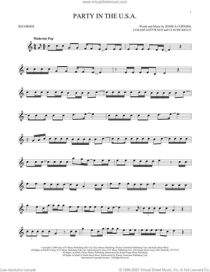 Party In The U.S.A. sheet music for recorder solo by Miley Cyrus, Claude Kelly, Jessica Cornish and Lukasz Gottwald, intermediate skill level
