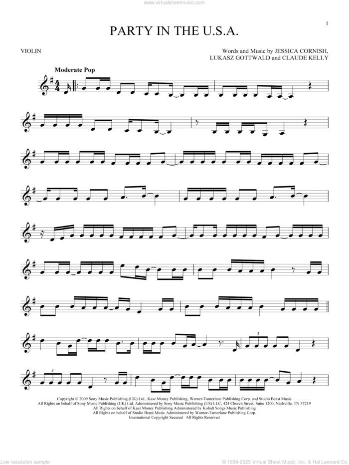 Party In The U.S.A. sheet music for violin solo by Miley Cyrus, Claude Kelly, Jessica Cornish and Lukasz Gottwald, intermediate skill level