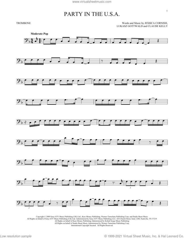 Party In The U.S.A. sheet music for trombone solo by Miley Cyrus, Claude Kelly, Jessica Cornish and Lukasz Gottwald, intermediate skill level