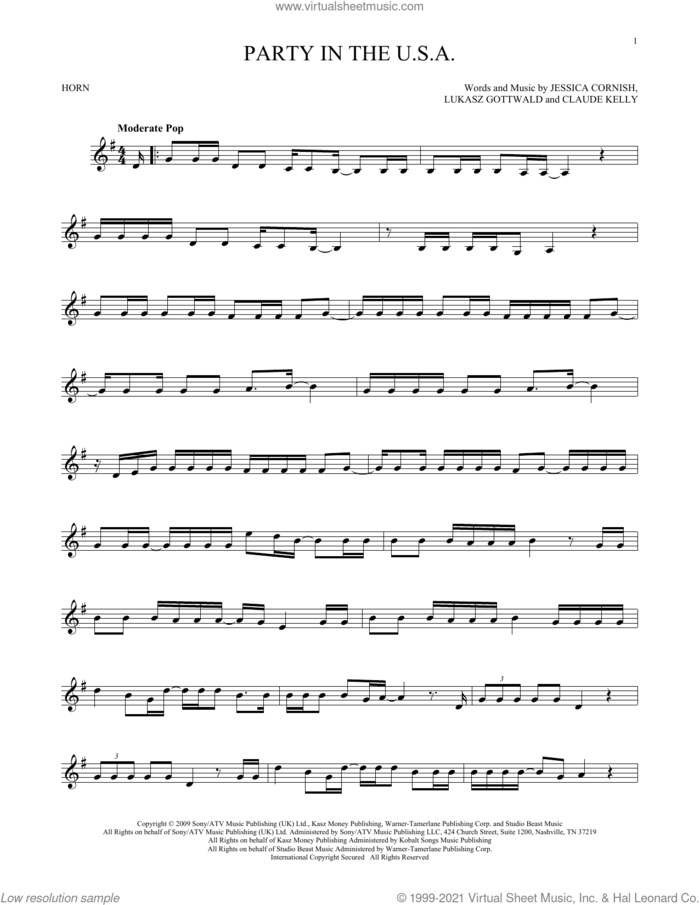 Party In The U.S.A. sheet music for horn solo by Miley Cyrus, Claude Kelly, Jessica Cornish and Lukasz Gottwald, intermediate skill level