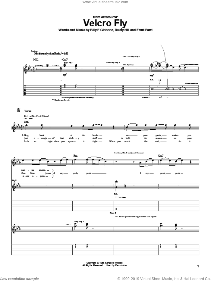Velcro Fly sheet music for guitar (tablature) by ZZ Top, Billy Gibbons, Dusty Hill and Frank Beard, intermediate skill level
