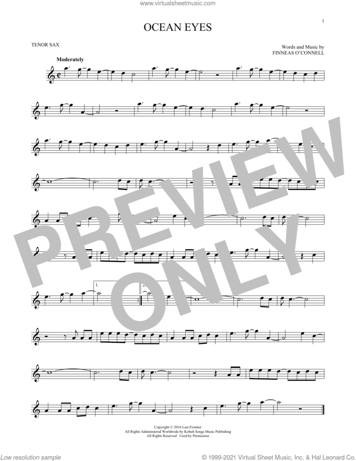 ocean eyes sheet music for tenor saxophone solo by Billie Eilish, intermediate skill level