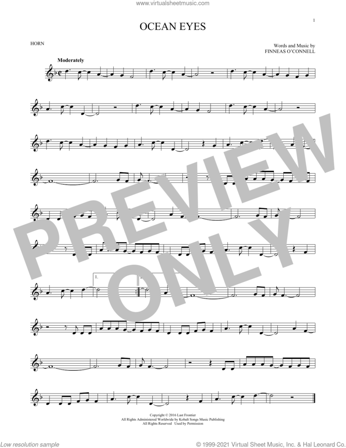 ocean eyes sheet music for horn solo by Billie Eilish, intermediate skill level