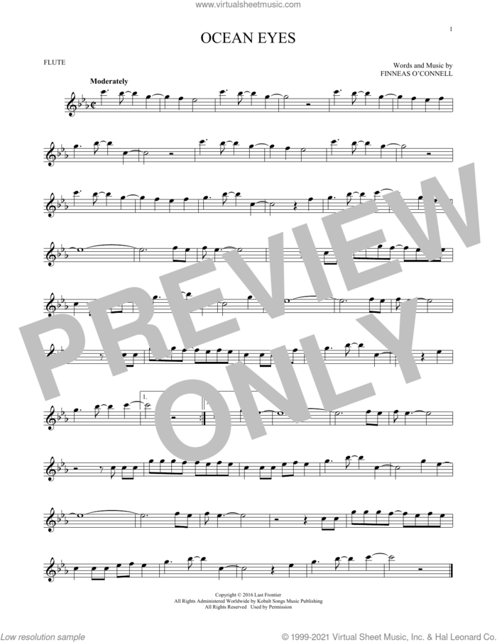 ocean eyes sheet music for flute solo by Billie Eilish, intermediate skill level