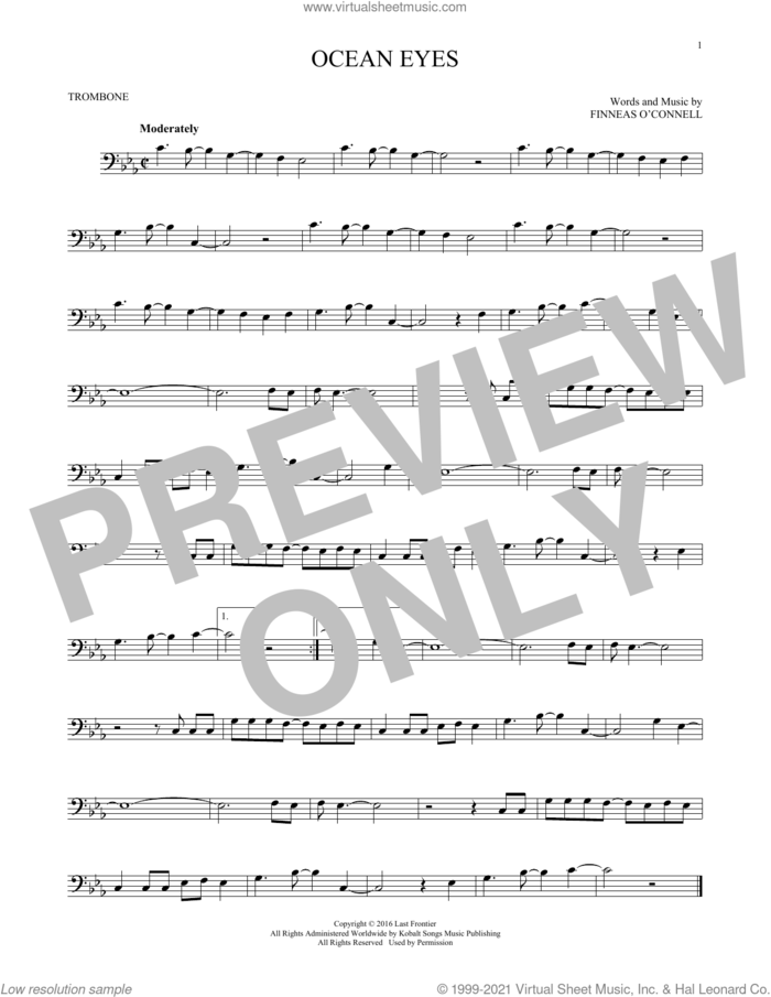 ocean eyes sheet music for trombone solo by Billie Eilish, intermediate skill level
