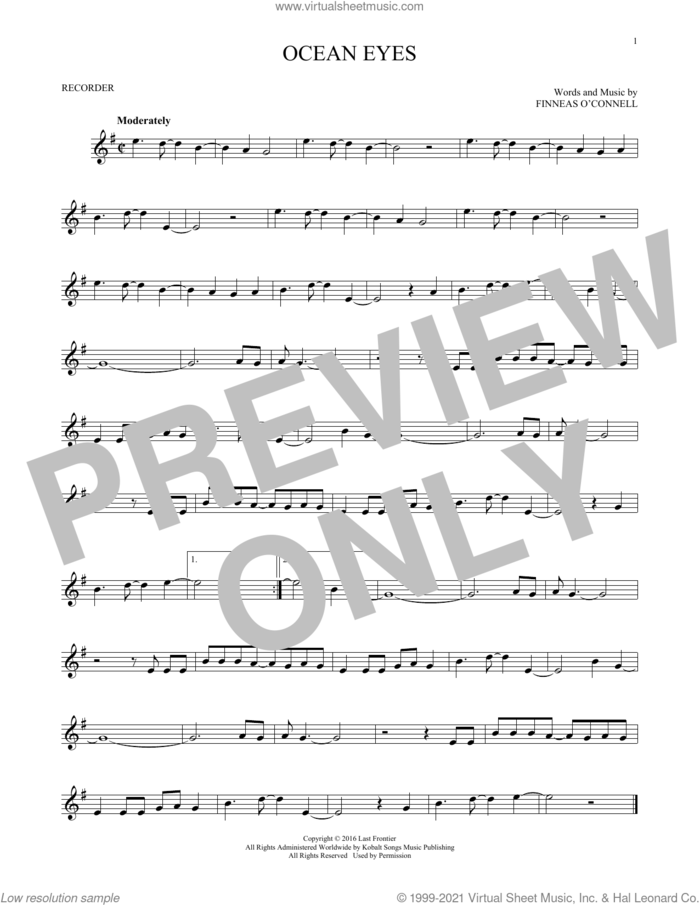ocean eyes sheet music for recorder solo by Billie Eilish, intermediate skill level