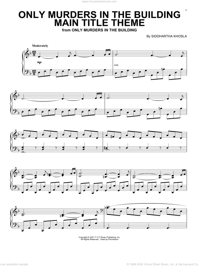 Only Murders In The Building (Main Title Theme) sheet music for piano solo by Siddhartha Khosla, intermediate skill level