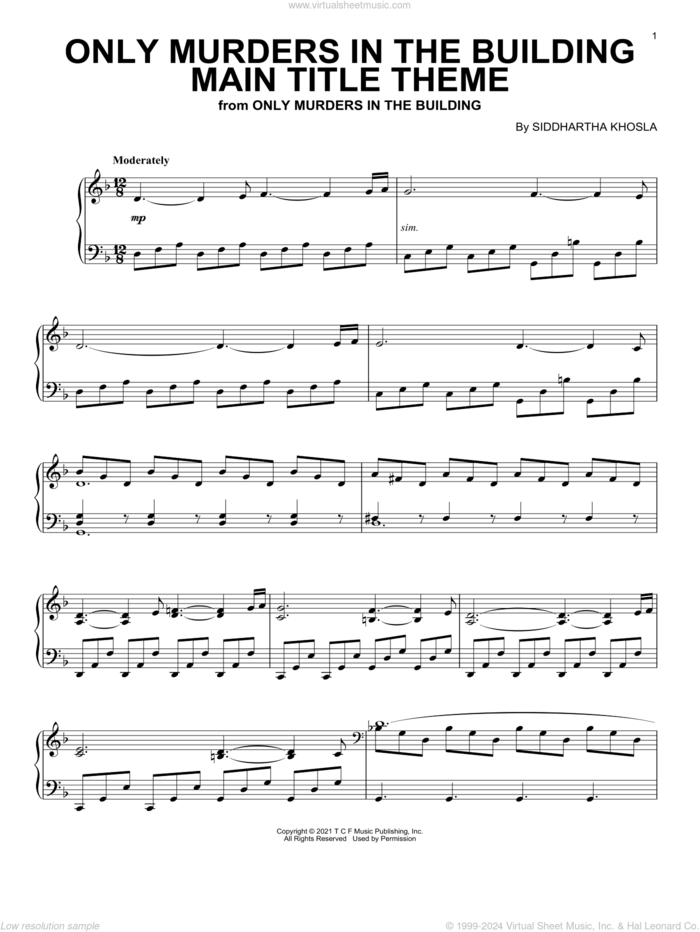 Only Murders In The Building (Main Title Theme) sheet music for piano solo by Siddhartha Khosla, intermediate skill level