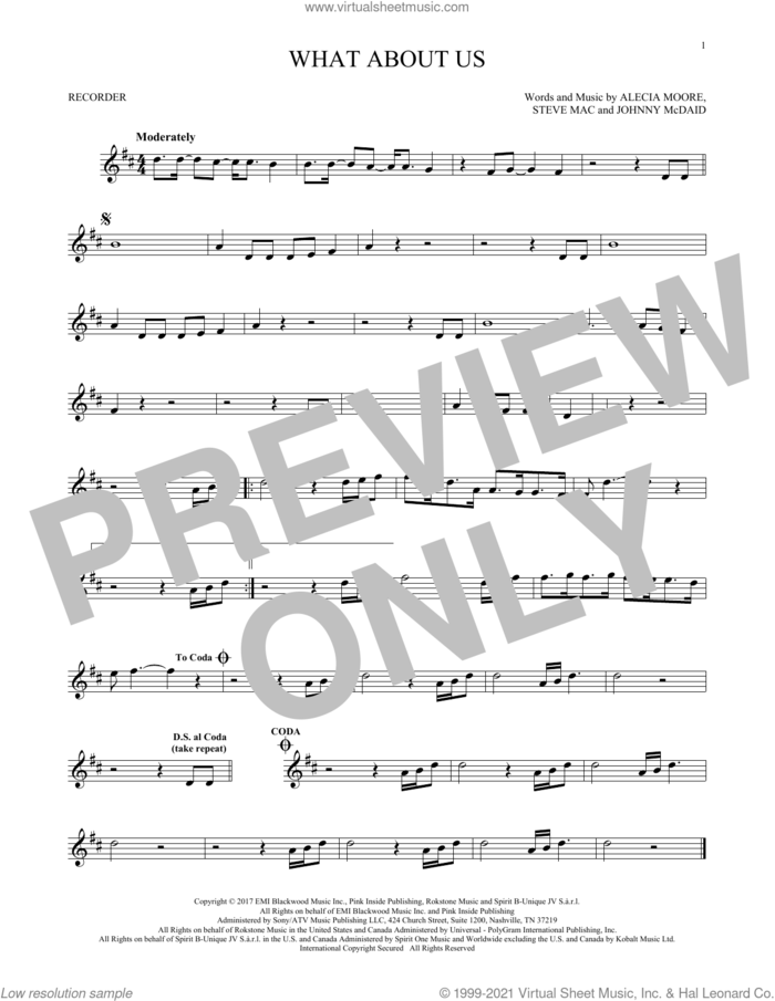 What About Us sheet music for recorder solo by P!nk, Alecia Moore, Johnny McDaid and Steve Mac, intermediate skill level
