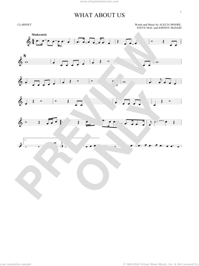 What About Us sheet music for clarinet solo by P!nk, Alecia Moore, Johnny McDaid and Steve Mac, intermediate skill level