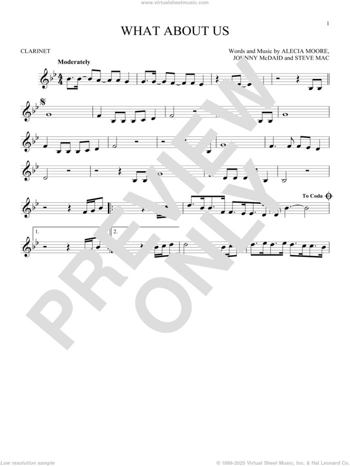 What About Us sheet music for clarinet solo by P!nk, Alecia Moore, Johnny McDaid and Steve Mac, intermediate skill level