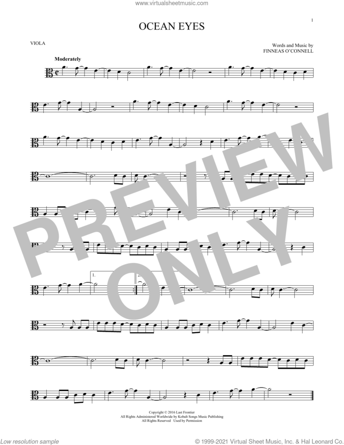 ocean eyes sheet music for viola solo by Billie Eilish, intermediate skill level