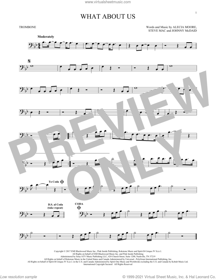What About Us sheet music for trombone solo by P!nk, Alecia Moore, Johnny McDaid and Steve Mac, intermediate skill level