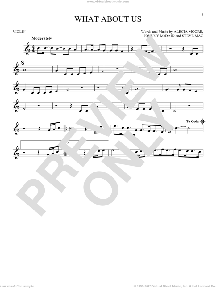 What About Us sheet music for violin solo by P!nk, Alecia Moore, Johnny McDaid and Steve Mac, intermediate skill level