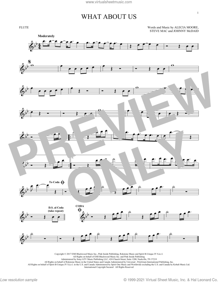 What About Us sheet music for flute solo by P!nk, Alecia Moore, Johnny McDaid and Steve Mac, intermediate skill level