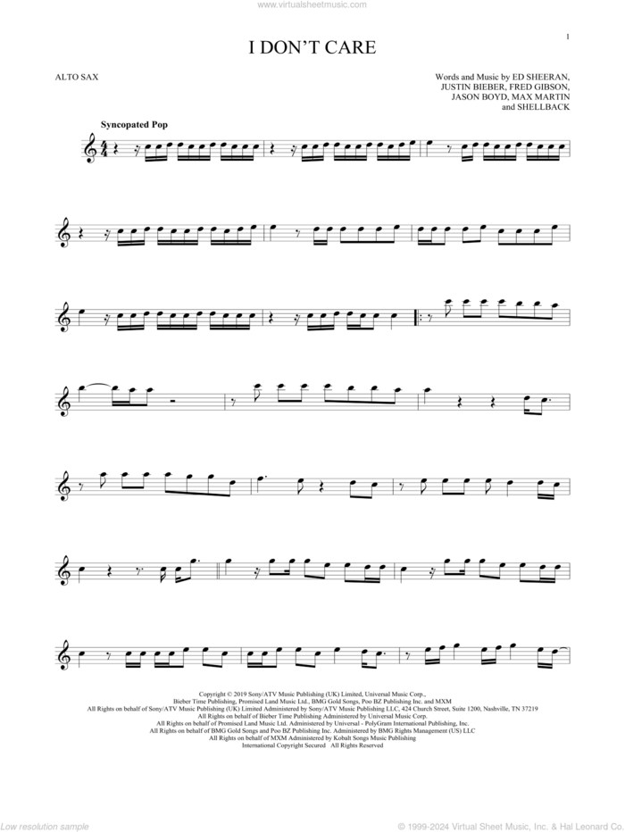 I Don't Care sheet music for alto saxophone solo by Ed Sheeran & Justin Bieber, Ed Sheeran, Fred Gibson, Jason Boyd, Justin Bieber, Max Martin and Shellback, intermediate skill level