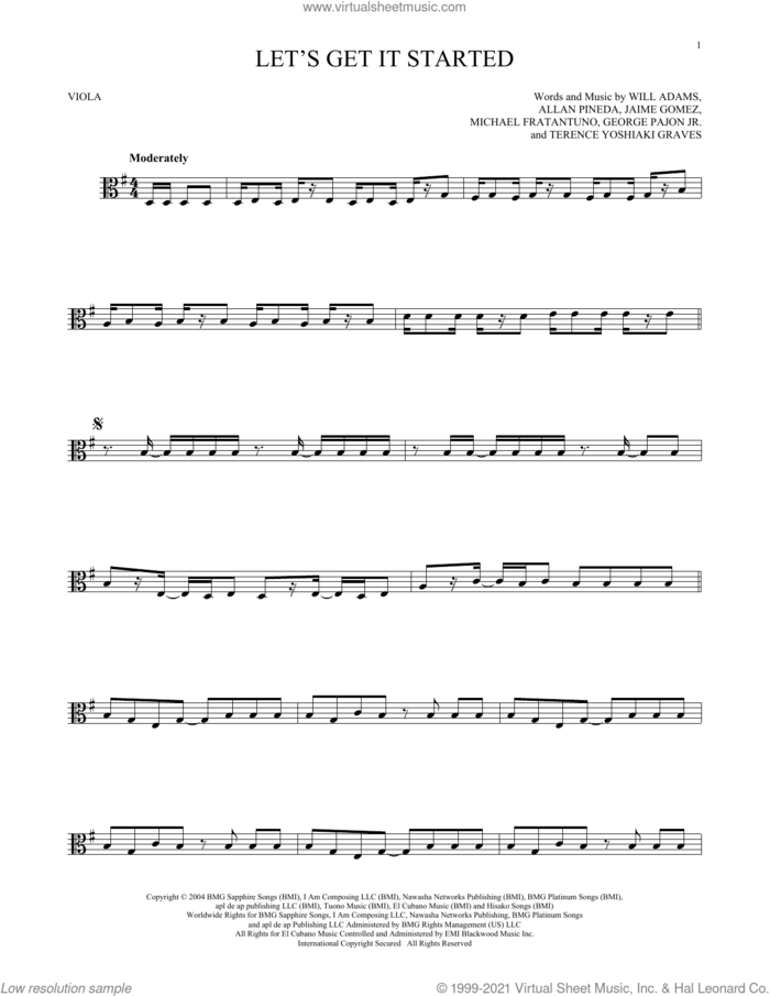 Let's Get It Started sheet music for viola solo by Black Eyed Peas, Allan Pineda, George Pajon Jr., Jaime Gomez, Michael Fratantuno, Terence Yoshiaki Graves and Will Adams, intermediate skill level