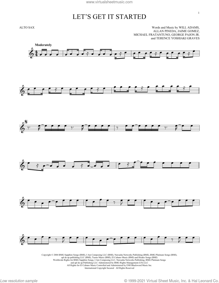 Let's Get It Started sheet music for alto saxophone solo by Black Eyed Peas, Allan Pineda, George Pajon Jr., Jaime Gomez, Michael Fratantuno, Terence Yoshiaki Graves and Will Adams, intermediate skill level