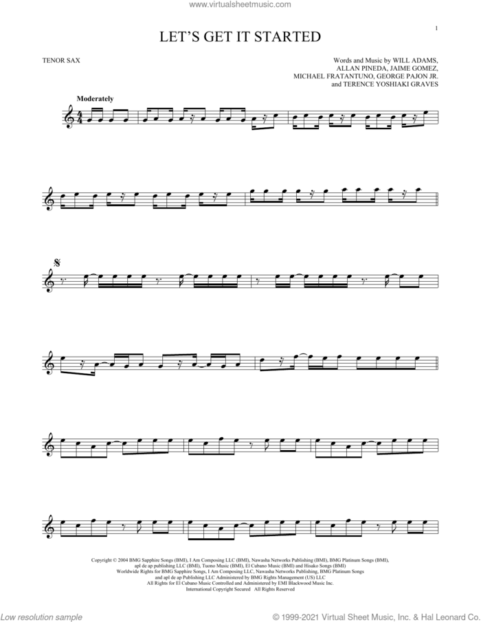 Let's Get It Started sheet music for tenor saxophone solo by Black Eyed Peas, Allan Pineda, George Pajon Jr., Jaime Gomez, Michael Fratantuno, Terence Yoshiaki Graves and Will Adams, intermediate skill level