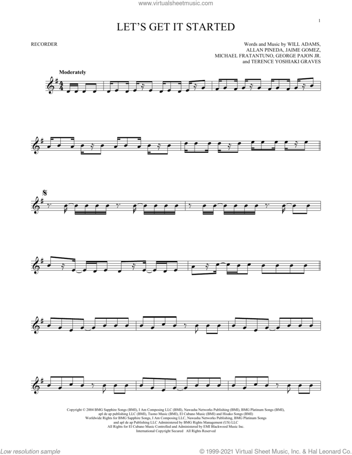 Let's Get It Started sheet music for recorder solo by Black Eyed Peas, Allan Pineda, George Pajon Jr., Jaime Gomez, Michael Fratantuno, Terence Yoshiaki Graves and Will Adams, intermediate skill level