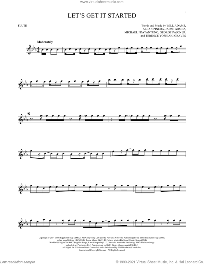 Let's Get It Started sheet music for flute solo by Black Eyed Peas, Allan Pineda, George Pajon Jr., Jaime Gomez, Michael Fratantuno, Terence Yoshiaki Graves and Will Adams, intermediate skill level