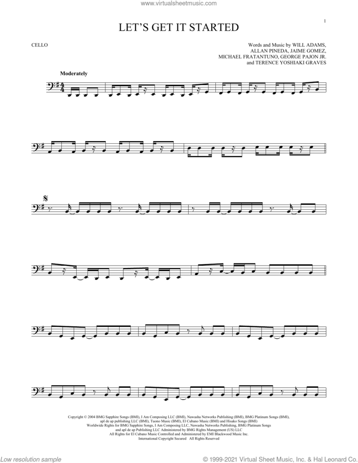 Let's Get It Started sheet music for cello solo by Black Eyed Peas, Allan Pineda, George Pajon Jr., Jaime Gomez, Michael Fratantuno, Terence Yoshiaki Graves and Will Adams, intermediate skill level
