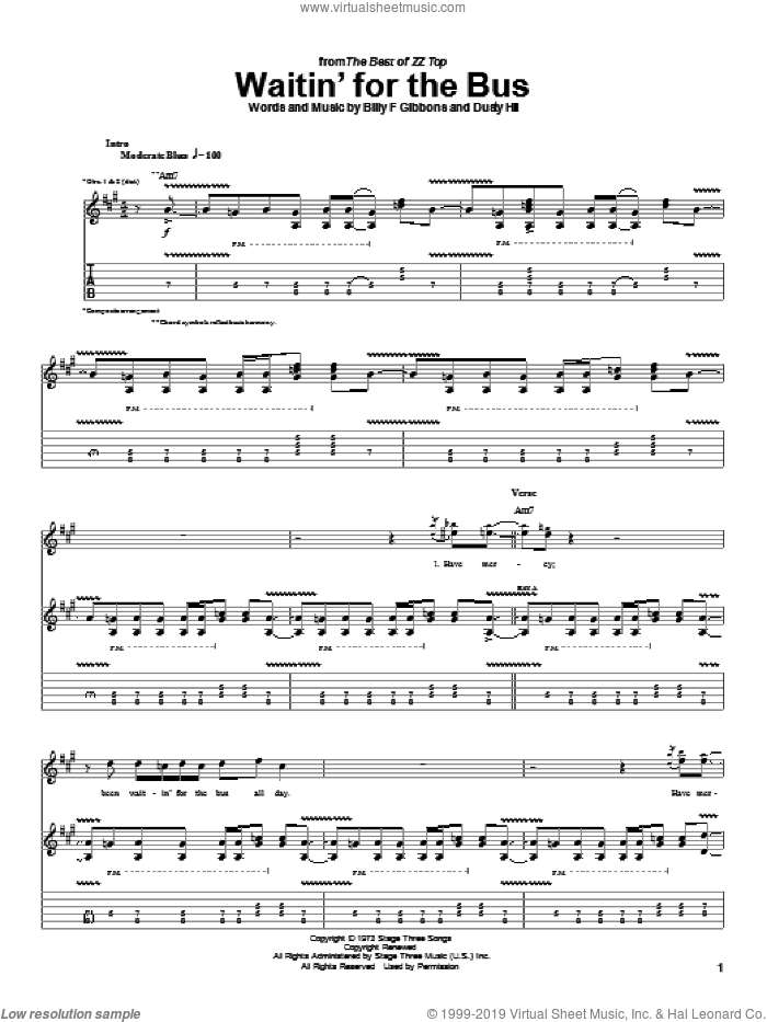 Waitin' For The Bus sheet music for guitar (tablature) by ZZ Top, Billy Gibbons and Dusty Hill, intermediate skill level