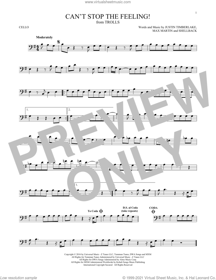 Can't Stop The Feeling! (from Trolls) sheet music for cello solo by Justin Timberlake, Johan Schuster, Max Martin and Shellback, intermediate skill level
