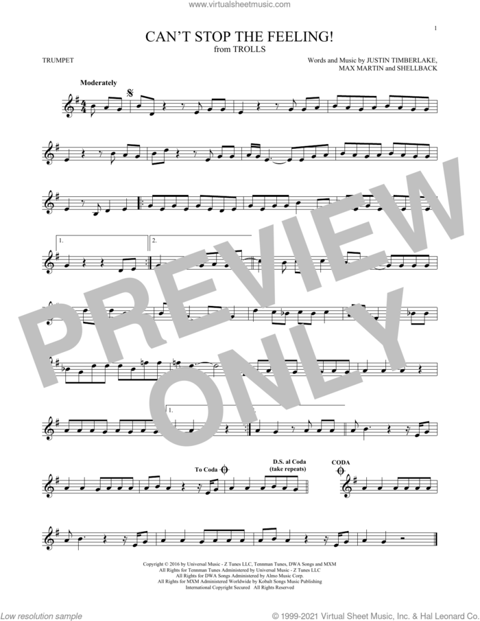 Can't Stop The Feeling! (from Trolls) sheet music for trumpet solo by Justin Timberlake, Johan Schuster, Max Martin and Shellback, intermediate skill level