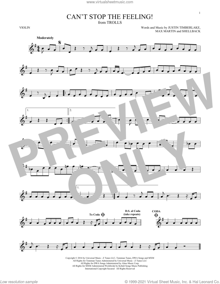 Can't Stop The Feeling! (from Trolls) sheet music for violin solo by Justin Timberlake, Johan Schuster, Max Martin and Shellback, intermediate skill level