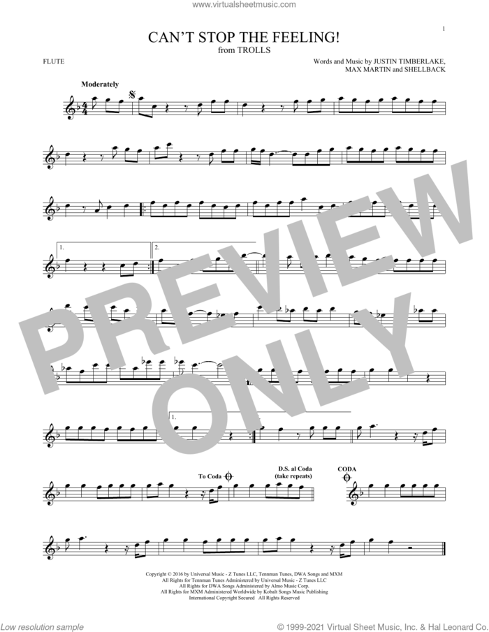 Can't Stop The Feeling! (from Trolls) sheet music for flute solo by Justin Timberlake, Johan Schuster, Max Martin and Shellback, intermediate skill level