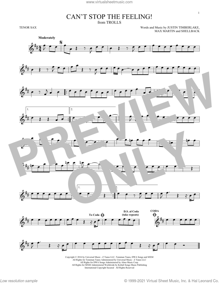 Can't Stop The Feeling! (from Trolls) sheet music for tenor saxophone solo by Justin Timberlake, Johan Schuster, Max Martin and Shellback, intermediate skill level