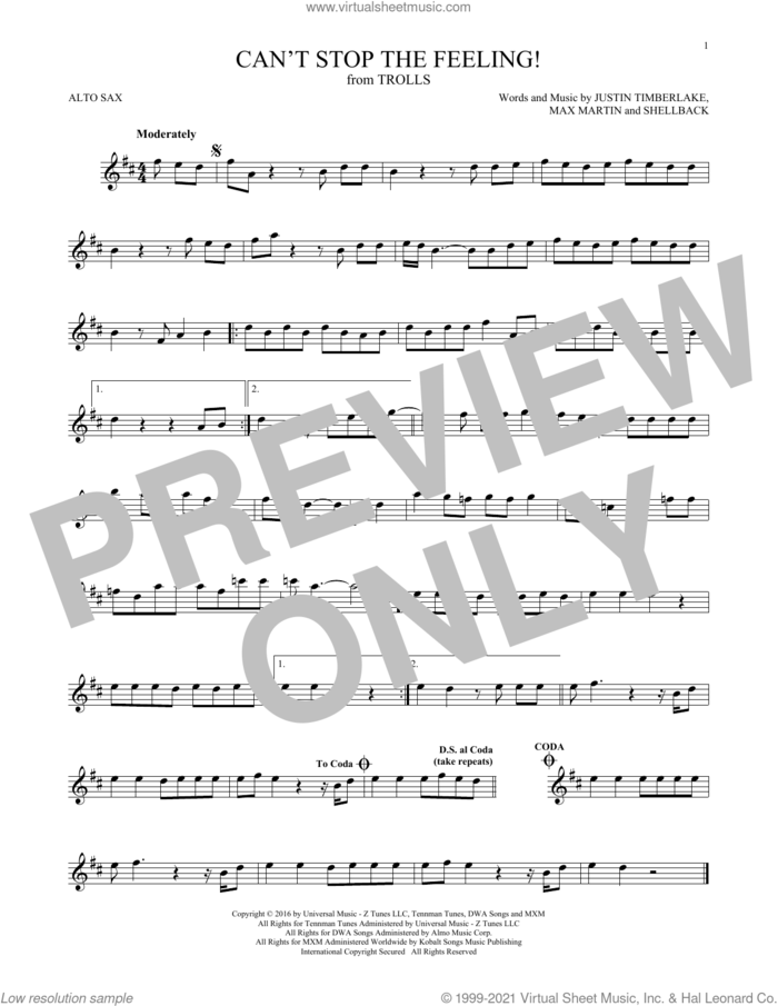 Can't Stop The Feeling! (from Trolls) sheet music for alto saxophone solo by Justin Timberlake, Johan Schuster, Max Martin and Shellback, intermediate skill level
