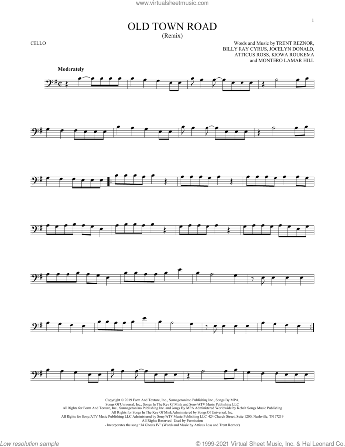 Old Town Road (Remix) sheet music for cello solo by Lil Nas X feat. Billy Ray Cyrus, Atticus Ross, Billy Ray Cyrus, Jocelyn Donald, Kiowa Roukema, Montero Lamar Hill and Trent Reznor, intermediate skill level