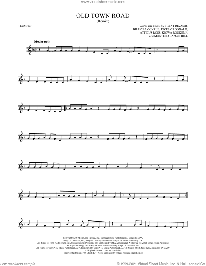 Old Town Road (Remix) sheet music for trumpet solo by Lil Nas X feat. Billy Ray Cyrus, Atticus Ross, Billy Ray Cyrus, Jocelyn Donald, Kiowa Roukema, Montero Lamar Hill and Trent Reznor, intermediate skill level