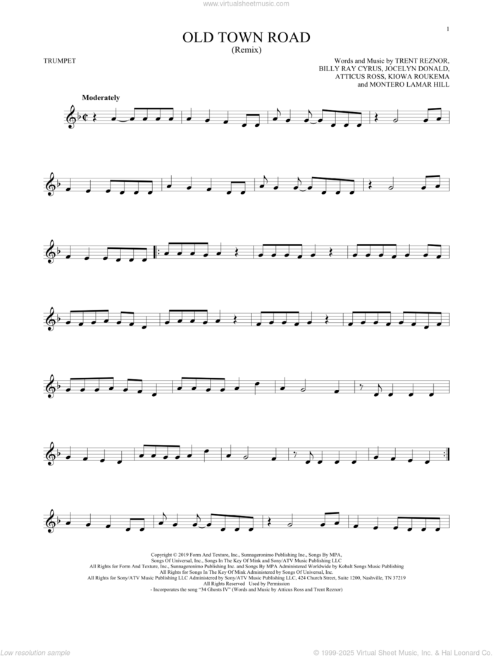 Old Town Road (Remix) sheet music for trumpet solo by Lil Nas X feat. Billy Ray Cyrus, Atticus Ross, Billy Ray Cyrus, Jocelyn Donald, Kiowa Roukema, Montero Lamar Hill and Trent Reznor, intermediate skill level