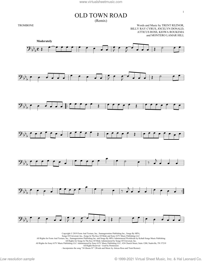 Old Town Road (Remix) sheet music for trombone solo by Lil Nas X feat. Billy Ray Cyrus, Atticus Ross, Billy Ray Cyrus, Jocelyn Donald, Kiowa Roukema, Montero Lamar Hill and Trent Reznor, intermediate skill level
