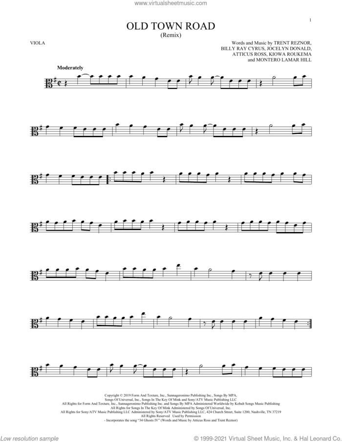 Old Town Road (Remix) sheet music for viola solo by Lil Nas X feat. Billy Ray Cyrus, Atticus Ross, Billy Ray Cyrus, Jocelyn Donald, Kiowa Roukema, Montero Lamar Hill and Trent Reznor, intermediate skill level