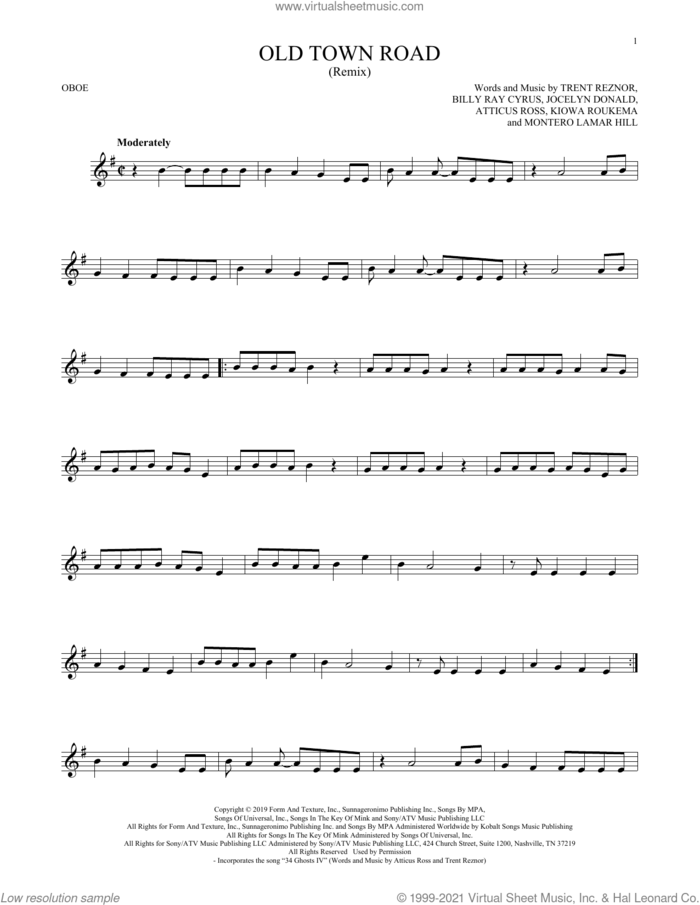 Old Town Road (Remix) sheet music for oboe solo by Lil Nas X feat. Billy Ray Cyrus, Atticus Ross, Billy Ray Cyrus, Jocelyn Donald, Kiowa Roukema, Montero Lamar Hill and Trent Reznor, intermediate skill level