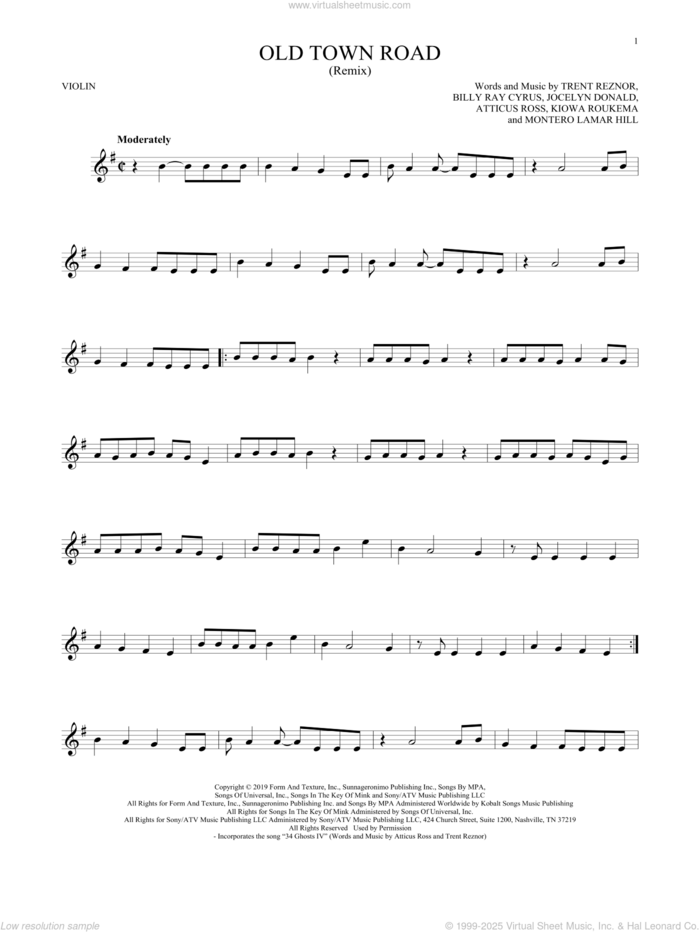 Old Town Road (Remix) sheet music for violin solo by Lil Nas X feat. Billy Ray Cyrus, Atticus Ross, Billy Ray Cyrus, Jocelyn Donald, Kiowa Roukema, Montero Lamar Hill and Trent Reznor, intermediate skill level