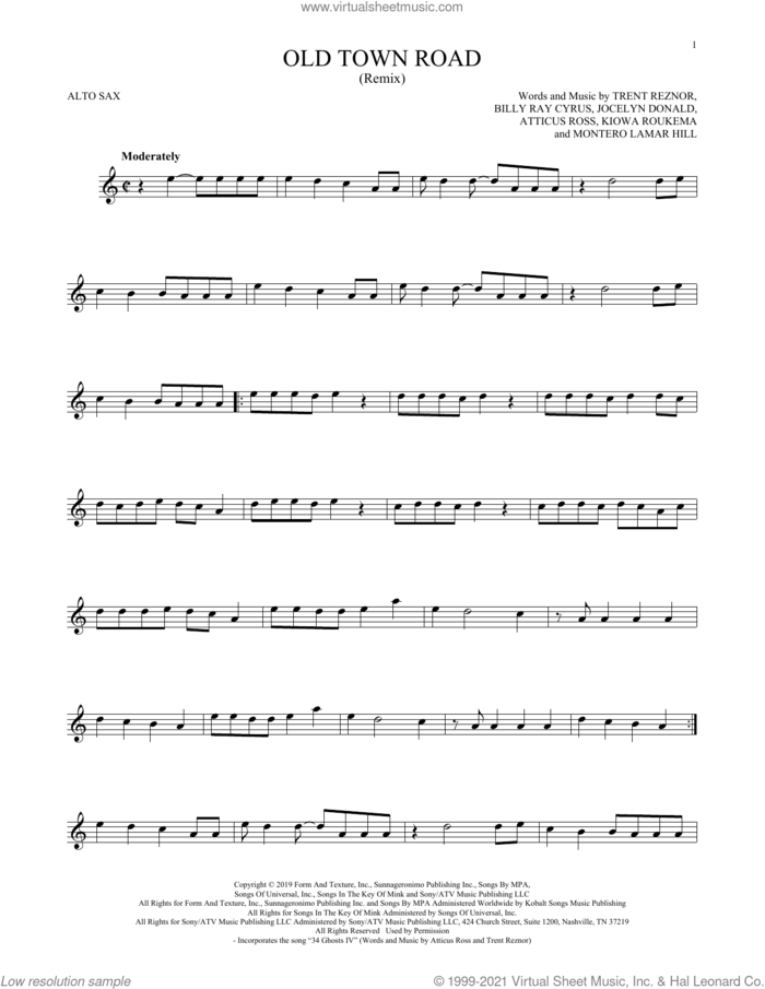 Old Town Road (Remix) sheet music for alto saxophone solo by Lil Nas X feat. Billy Ray Cyrus, Atticus Ross, Billy Ray Cyrus, Jocelyn Donald, Kiowa Roukema, Montero Lamar Hill and Trent Reznor, intermediate skill level