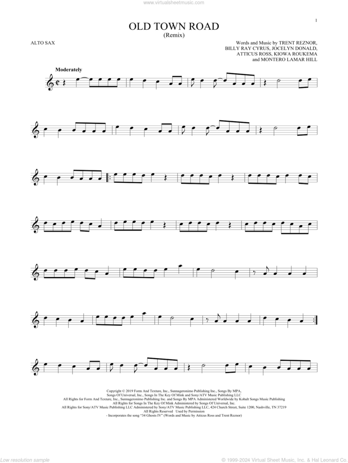 Old Town Road (Remix) sheet music for alto saxophone solo by Lil Nas X feat. Billy Ray Cyrus, Atticus Ross, Billy Ray Cyrus, Jocelyn Donald, Kiowa Roukema, Montero Lamar Hill and Trent Reznor, intermediate skill level