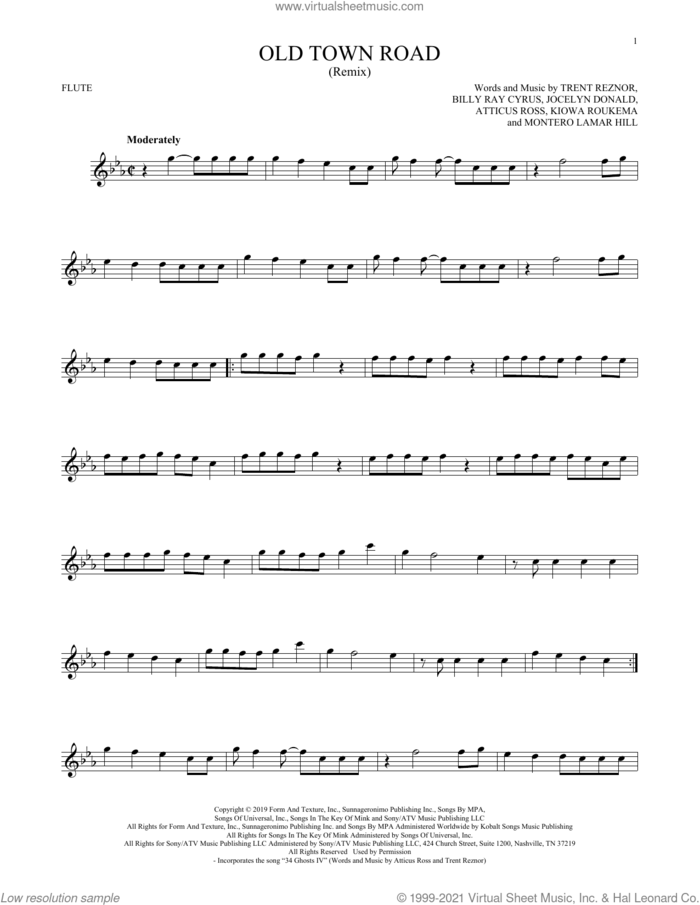 Old Town Road (Remix) sheet music for flute solo by Lil Nas X feat. Billy Ray Cyrus, Atticus Ross, Billy Ray Cyrus, Jocelyn Donald, Kiowa Roukema, Montero Lamar Hill and Trent Reznor, intermediate skill level