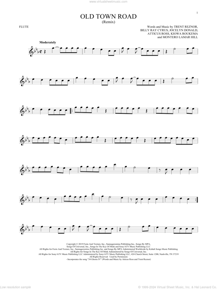 Old Town Road (Remix) sheet music for flute solo by Lil Nas X feat. Billy Ray Cyrus, Atticus Ross, Billy Ray Cyrus, Jocelyn Donald, Kiowa Roukema, Montero Lamar Hill and Trent Reznor, intermediate skill level