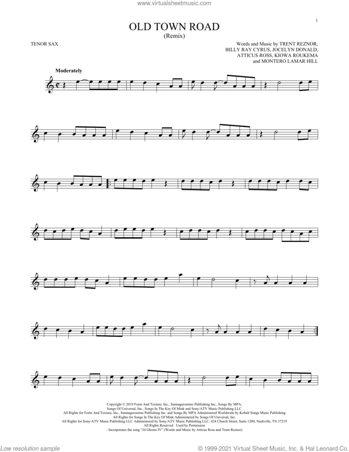 Old Town Road (Remix) sheet music for tenor saxophone solo by Lil Nas X feat. Billy Ray Cyrus, Atticus Ross, Billy Ray Cyrus, Jocelyn Donald, Kiowa Roukema, Montero Lamar Hill and Trent Reznor, intermediate skill level