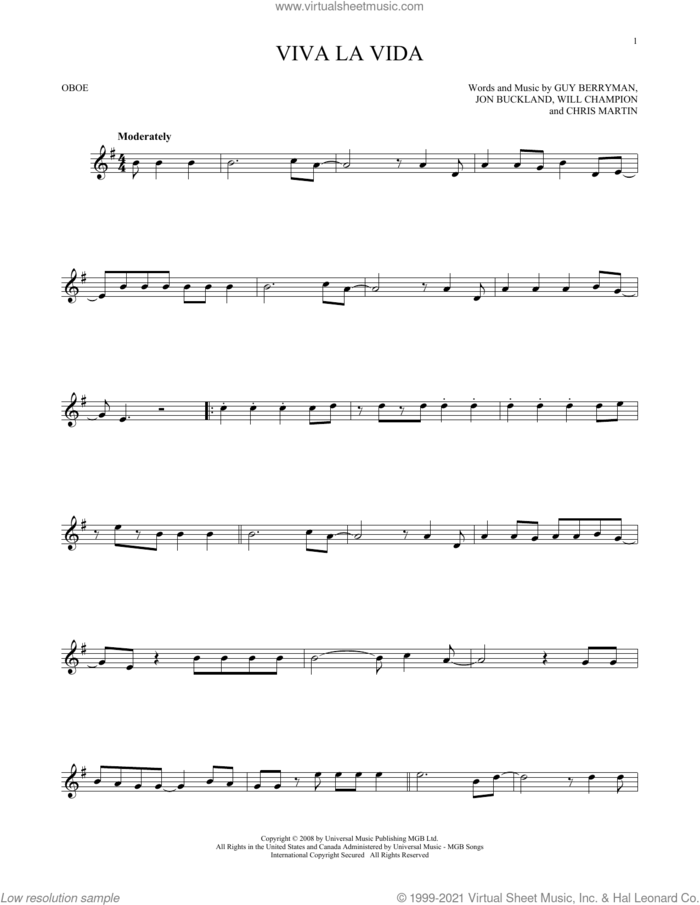 Viva La Vida sheet music for oboe solo by Coldplay, Chris Martin, Guy Berryman, Jon Buckland and Will Champion, intermediate skill level