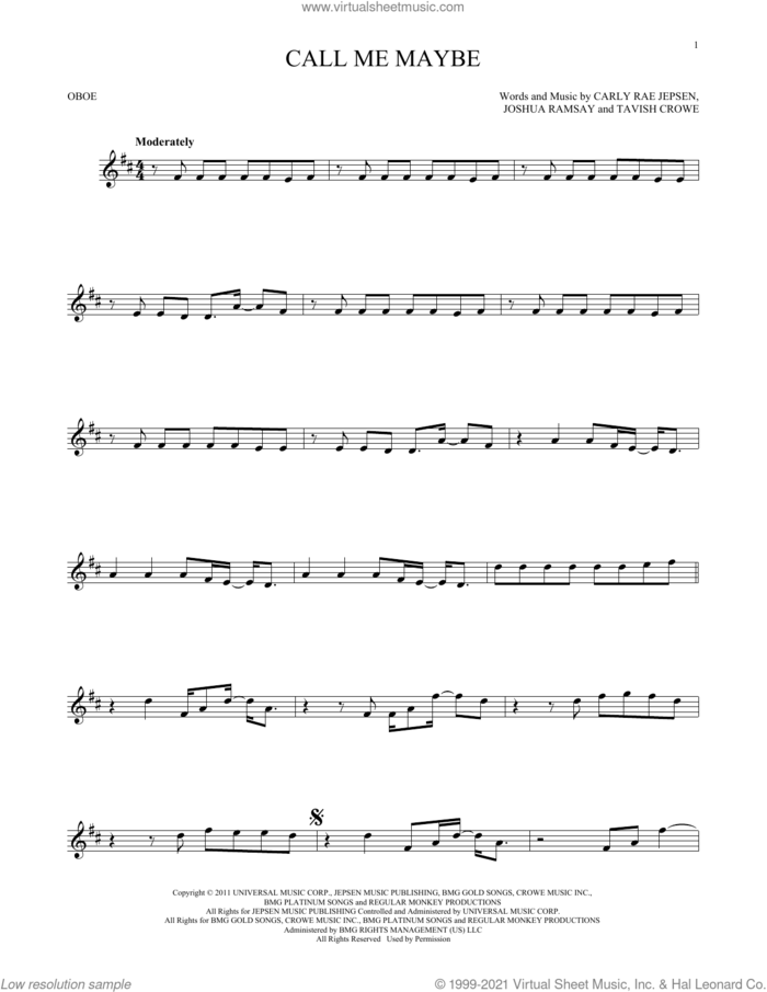 Call Me Maybe sheet music for oboe solo by Carly Rae Jepsen, Joshua Ramsay and Tavish Crowe, intermediate skill level
