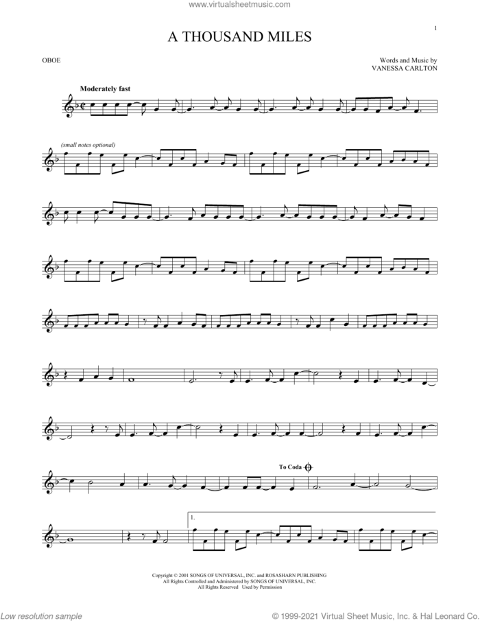 A Thousand Miles sheet music for oboe solo by Vanessa Carlton, intermediate skill level